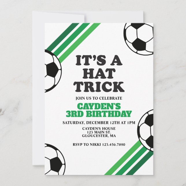 Fotboll Hat Trick Gröna Ränder 3-årsdag Inbjudningar (Framsida)