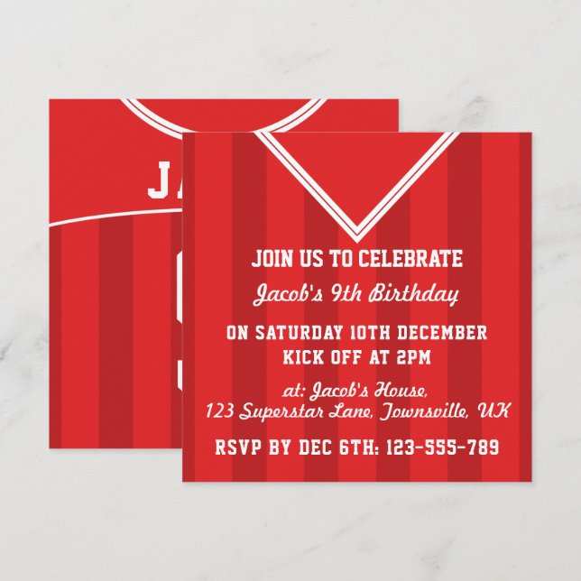Fotboll, Jersey, Inbjudningskorten Party, Red Inbjudningar (Fram/baksida)