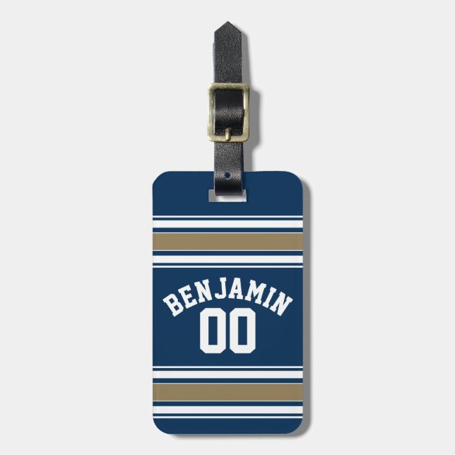 Fotboll Jersey Navy Blue Guld Rand Namn nummer Bagagebricka (Vertikal Framsida)