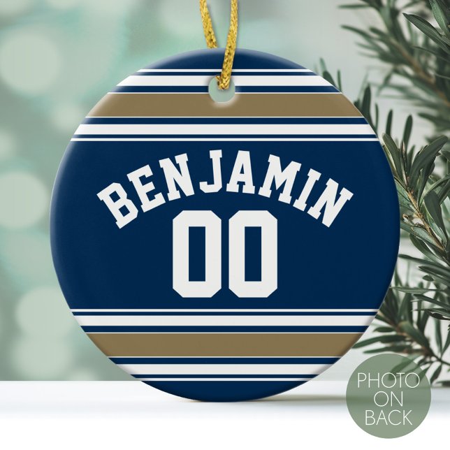 Fotboll Jersey Navy Blue Guld Rand Namn nummer Julgransprydnad Keramik (Personalized Christmas Photo Ornament - Football Sorts Jersey Stripes)