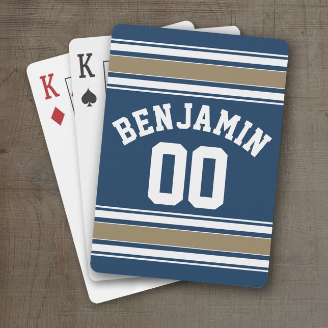 Fotboll Jersey Navy Blue Guld Rand Namn nummer Kortlek (Personalized Playing Cards - Sports Jersey Design)