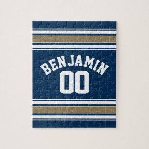 Fotboll Jersey Navy Blue Guld Rand Namn nummer Pussel
