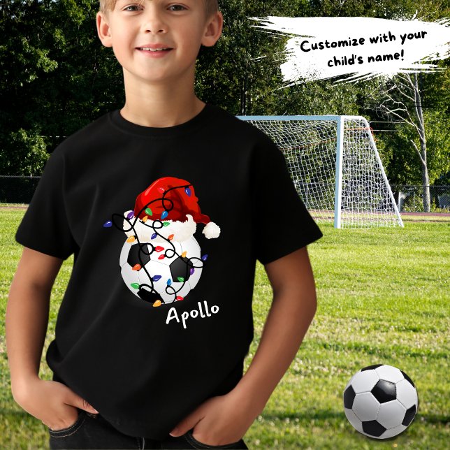 Fotboll jul Ljus Santa Hat Barn Namn T Shirt (Skapare uppladdad)