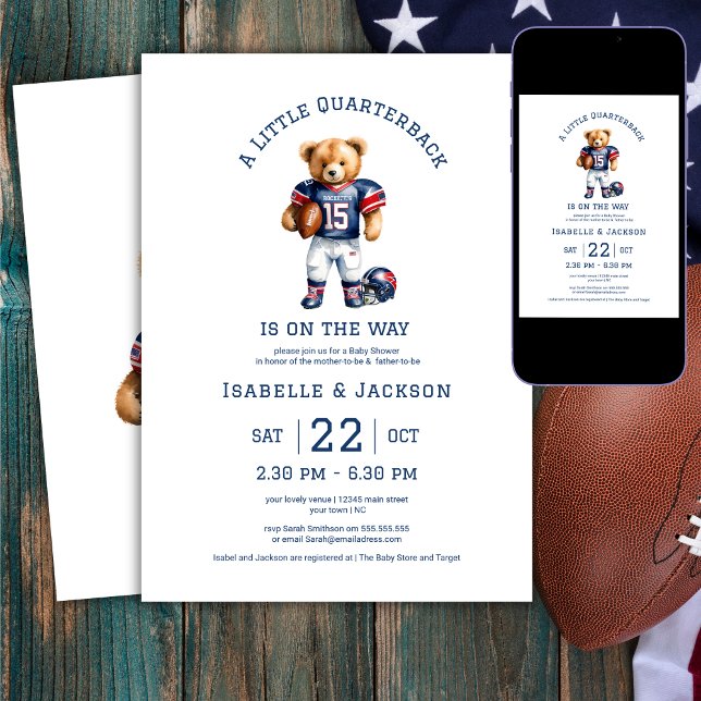 Fotboll Liten Quarterback Teddy Baby Shower  Inbjudningar (Skapare uppladdad)