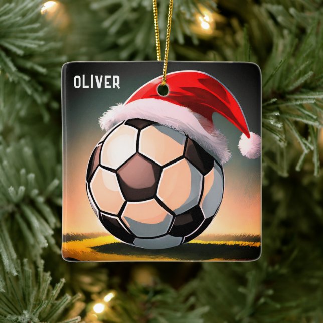 Fotboll med Red Santa Hat Namn jul Julgransprydnad Keramik (Träd)
