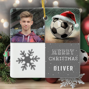 Fotboll med tomteluva Snöflinga Foto Julgransprydnad Keramik