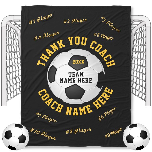 Fotboll närvarande i din Färg-fotboll Fleecefilt (Black and Gold, Personalized, Gifts for Soccer Coaches. Soccer Coach gifts with all Players Names.)