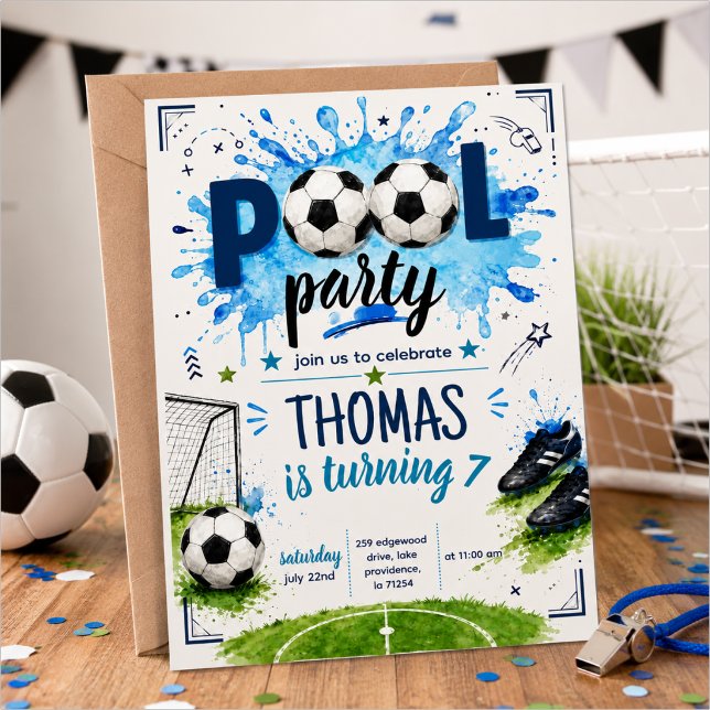 Fotboll Pool Party Födelsedagsinbjudan Mall (Skapare uppladdad)