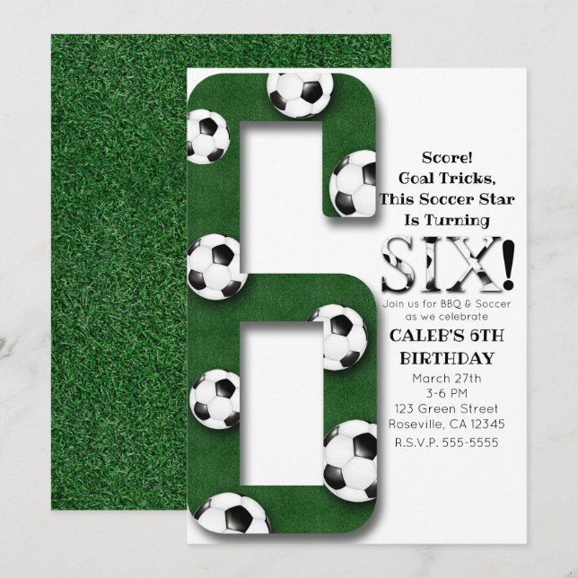 Fotboll Sex 6 6-års födelsedagsfest Inbjudningar (Fram/baksida)