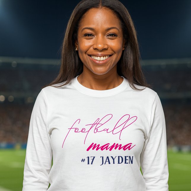 Fotboll Skol Lag Mama T Shirt (Chic long sleeve Football Mama shirt in pink. Personalize with player name and jersey number)
