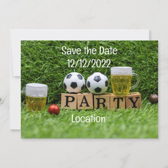Fotboll Spara datumet med boll och öl party Inbjudningar (Framsida)