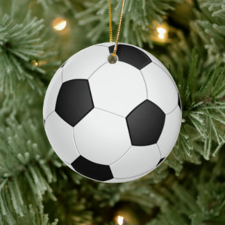Fotboll, svart och vit klassisk julgransprydnad keramik