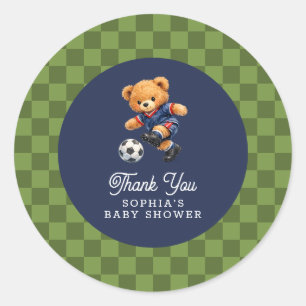 Fotboll Teddybjörn Rutig Retro Baby Shower Runt Klistermärke