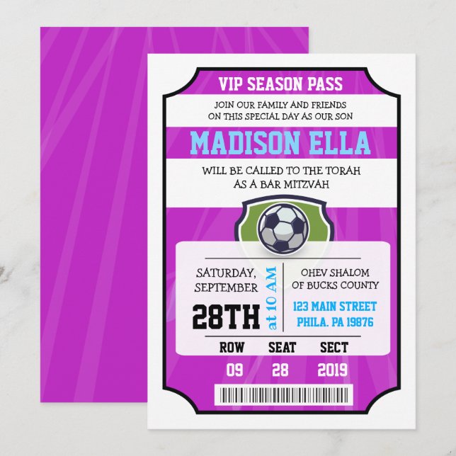 FOTBOLL VIP-BILJETT Bar Mitzvah-inbjudan Inbjudningar (Fram/baksida)