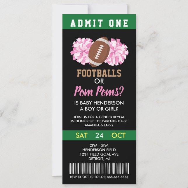 Fotbollar eller Pom Poms Gender Reveal Biljett Inbjudningar (Framsida)