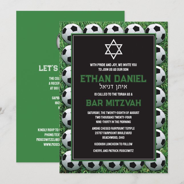 Fotbollar på inbjudan till Grass Pub Mitzvah (Fram/baksida)