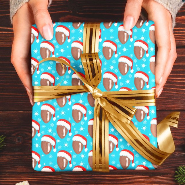 Fotbollar Santa hatt & snöflingor Aqua Presentpapper (Skapare uppladdad)