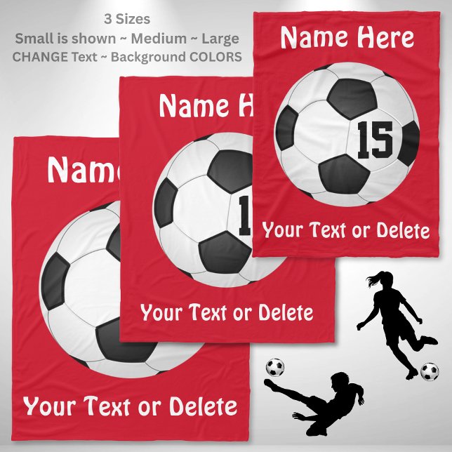 Fotbollfilten med NAMN, NUMRERAR och TEXT Fleecefilt (Soccer senior night gift ideas. Personalised football gifts. Personalized soccer team gifts. Red.)