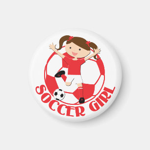 Fotbollflicka 1 och röd boll och vit v2 magnet