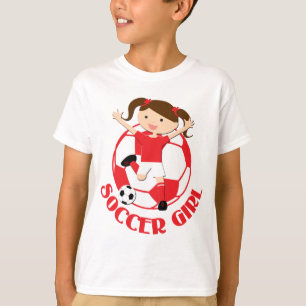 Fotbollflicka 1 och röd boll och vit v2 t-shirt