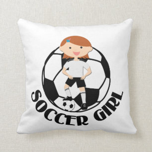 Fotbollflicka 3 och boll svartvit v2 kudde