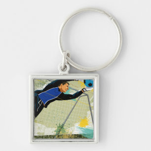 Fotbollgoalie som blockerar boll fyrkantig silverfärgad nyckelring