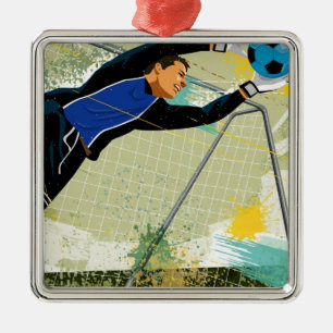 Fotbollgoalie som blockerar boll julgransprydnad metall