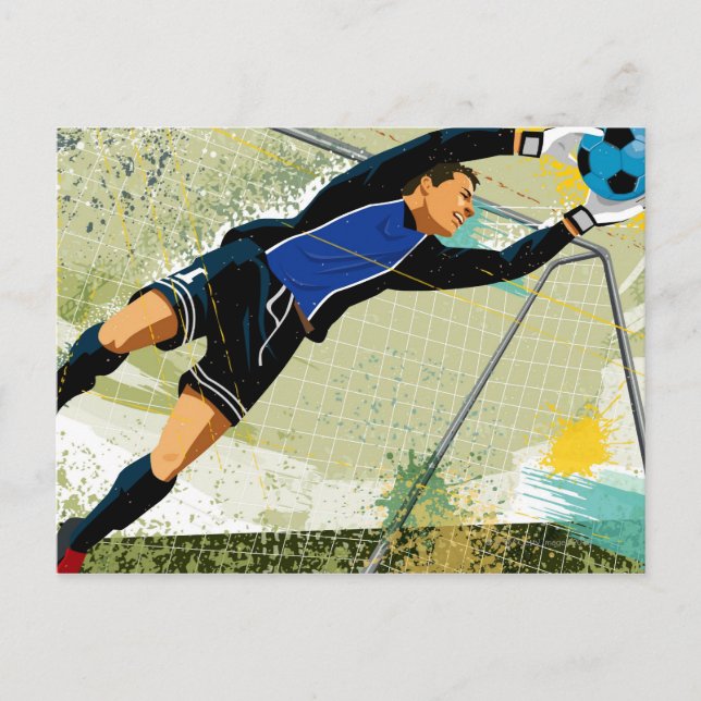 Fotbollgoalie som blockerar boll vykort (Framsida)