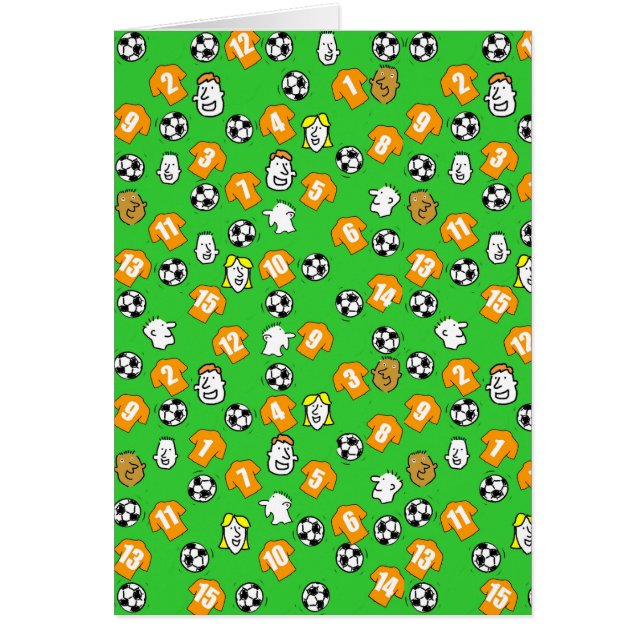 Fotbollsdesign med tröjor i orange guld hälsningskort (Framsidan)