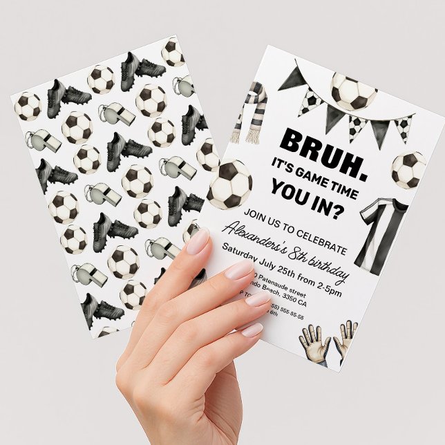 Fotbollsfödelsedag - Bror Det är speltid Inbjudningar (Modern soccer birthday invitation. Game time, bruh you in?)