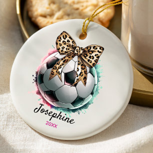 Fotbollsfotbollsspelare (girly leopard bow) julgransprydnad keramik