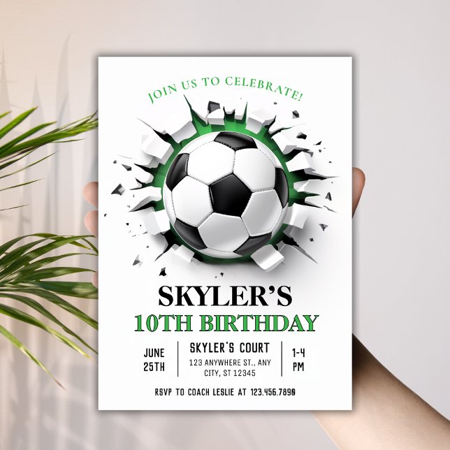 Fotbollsgenombrott 10:e Födelsedagsfesten Inbjudningar (Soccer Ball Breakthrough 10th Birthday Party Invitation
)