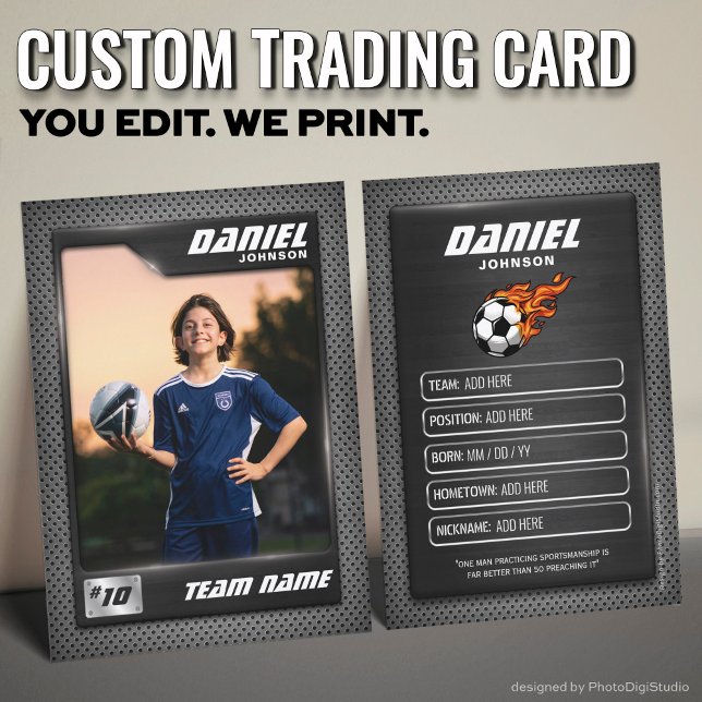 Fotbollskort, grafiksportkort (Custom Soccer Trading Card, Black Graphite Sports Player Card)