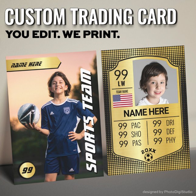 Fotbollskortet för fotboll i Guld, försett med fot (Custom Soccer Trading Card, Gold Shield Player Card)