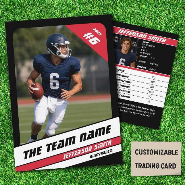 Fotbollslag Affärskort Sport Gåva Svart Röd (American Football Player Trading Card in Black with Custom Team and Player Name with Red Stripes)