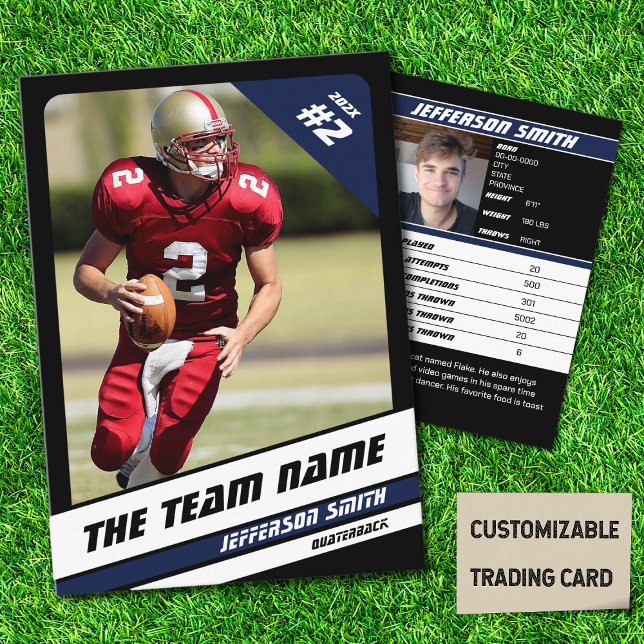 Fotbollslag Affärskort Sport Gåvaidé Grön (American Football Player Trading Card in Black with Custom Team and Player Name with Blue Stripes
)