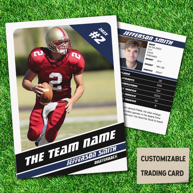 Fotbollslag Affärskort Sport Gåvor Idé Blå (American Football Player Trading Card in White with Custom Team and Player Name with Blue Stripes
)