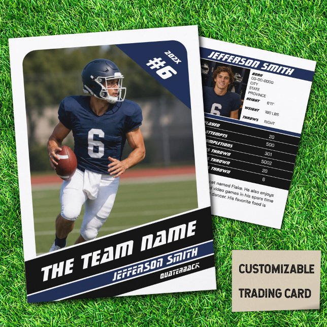Fotbollslag Trading Card Sport Gåvor Idé Blå (American Football Player Trading Card in White with Custom Team and Player Name with Blue Stripes)