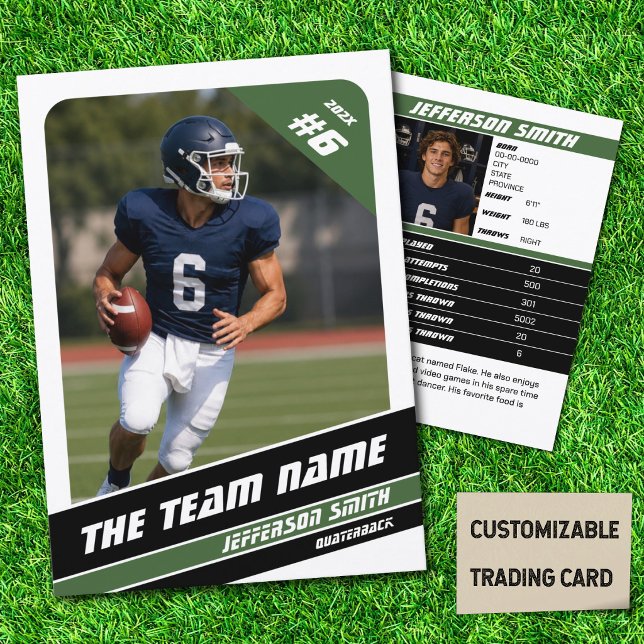 Fotbollslag Trading Card Sport Gåvor Idé Grön (American Football Player Trading Card in White with Custom Team and Player Name with Green Stripes)