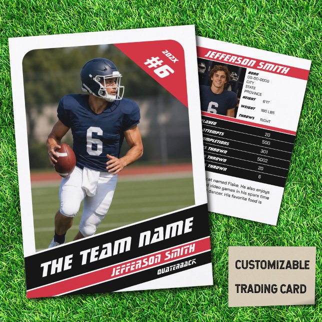 Fotbollslag Trading Card Sport Gåvor Idé Röd (American Football Player Trading Card in White with Custom Team and Player Name with Red Stripes)