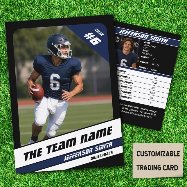 Fotbollslag Trading Card Sport Presentidé Blå (American Football Player Trading Card in Black with Custom Team and Player Name with Blue Stripes)