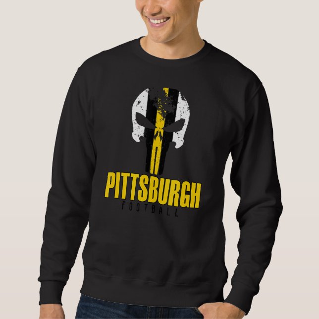 Fotbollsskull för Pittsburgh Varsity Stil Retro Lång Ärmad Tröja (Framsida)