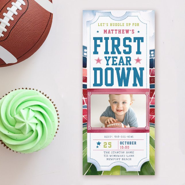 Fotbollsspel Biljett Sports Boy Photo 1:a födelsed Inbjudningar (boy 1st birthday invitation photo football first year down sports ticket blue red green game time)