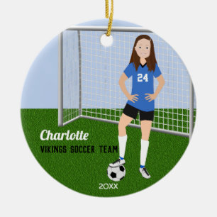 Fotbollsspelare Brunette i blått Julgransprydnad Keramik