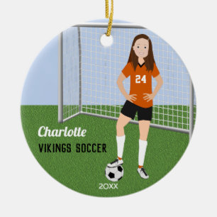 Fotbollsspelare Brunette i Orange Julgransprydnad Keramik