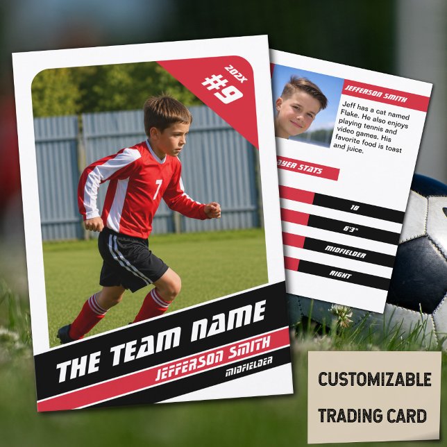 Fotbollsspelare Byteskort i Energisk Röd Vit (Soccer Player Trading Card in White with Custom Team Name and Red Black Elements)