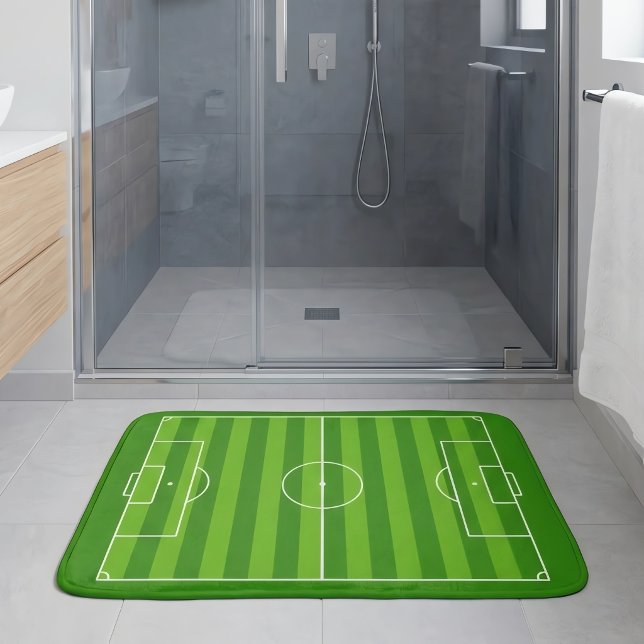 Fotbollsspelare eller tränare Fotbollsplan Badrumsmatta (Fun soccer bath mats for soccer players and fans.)