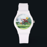 Fotbollsspelare Kicking a Boll av Jay Throckmorton Armbandsur<br><div class="desc">En fotboll hänger i luft och väntar på den onda spark som spelaren håller på att ge. Kan han böja det som Beckham? Ett underbart biet att hänga på din mur eller ge som en gåva till fotbollens aficionado i ditt liv!</div>