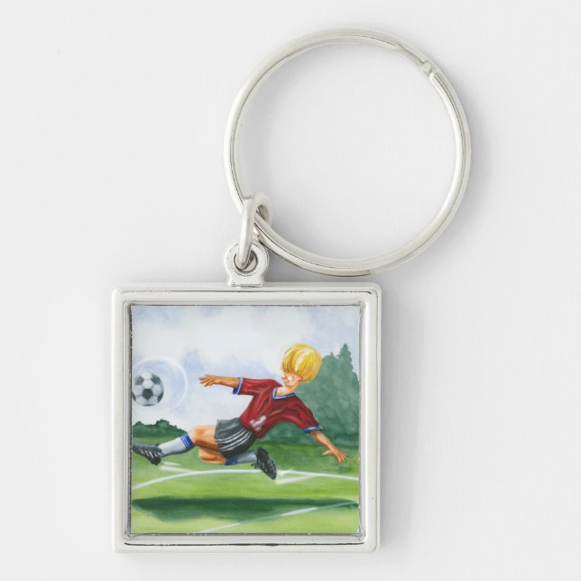 Fotbollsspelare Kicking a Boll av Jay Throckmorton Fyrkantig Silverfärgad Nyckelring (Framsidan)