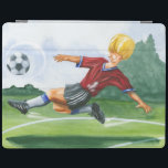 Fotbollsspelare Kicking a Boll av Jay Throckmorton iPad Skydd<br><div class="desc">En fotboll hänger i luft och väntar på den onda spark som spelaren håller på att ge. Kan han böja det som Beckham? Ett underbart biet att hänga på din mur eller ge som en gåva till fotbollens aficionado i ditt liv!</div>